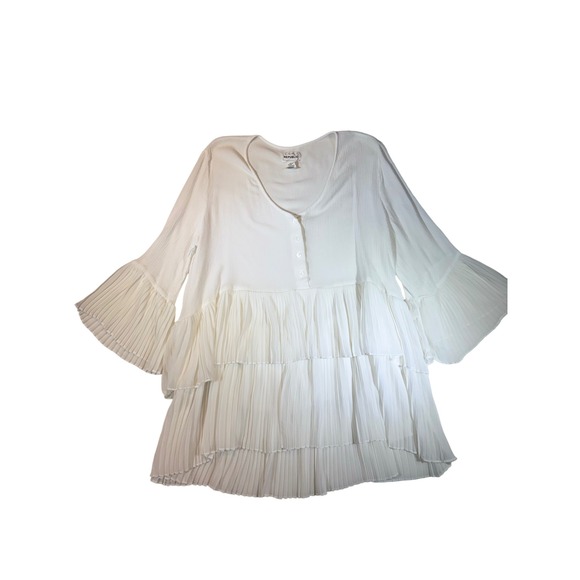 For The Republic Tops - For The Republic White Pleated Tiered V Neck Bell Sleeve Tunic Top XL